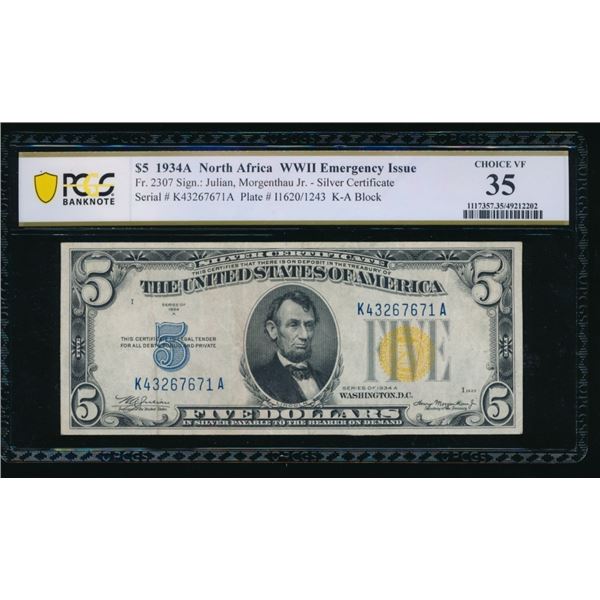1934A $5 N Africa Silver Certificate PCGS 35