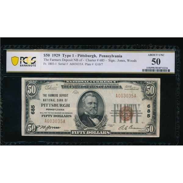 1929 $50 Pittsburgh PA National PCGS 50
