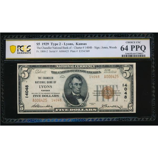 1929 $5 Lyons KS National PCGS 64PPQ