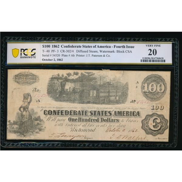 1862 $100 T-40 Confederate PCGS 20