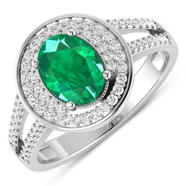 14KT White Gold 1ctw Zambian Emerald and Diamond Ring