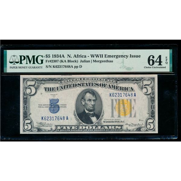 1934A $5 N Africa Silver Certificate PMG 64EPQ