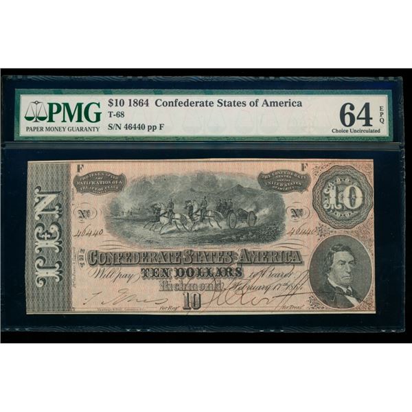 1864 $10 T-68 Confederate PMG 64EPQ