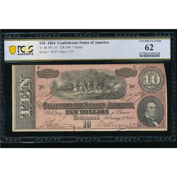 1864 $10 T-68 Confederate PCGS 62