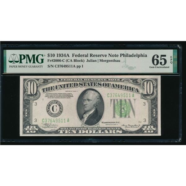 1934A $10 Philadelphia FRN PMG 64EPQ