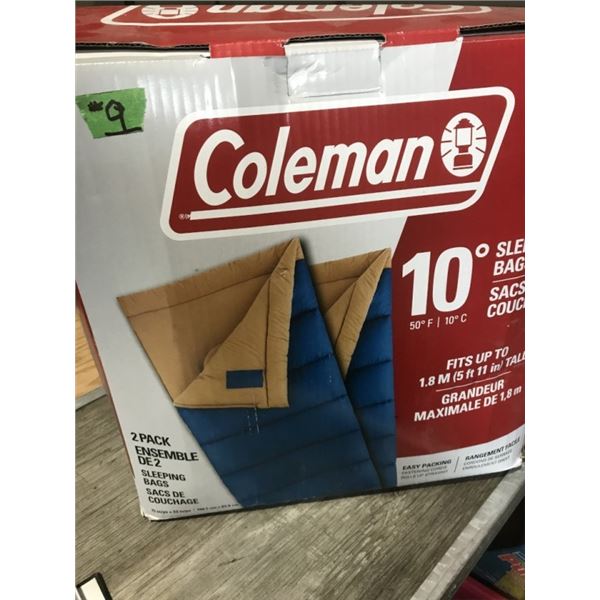 Box with 2 sleeping bags used once. Coleman
