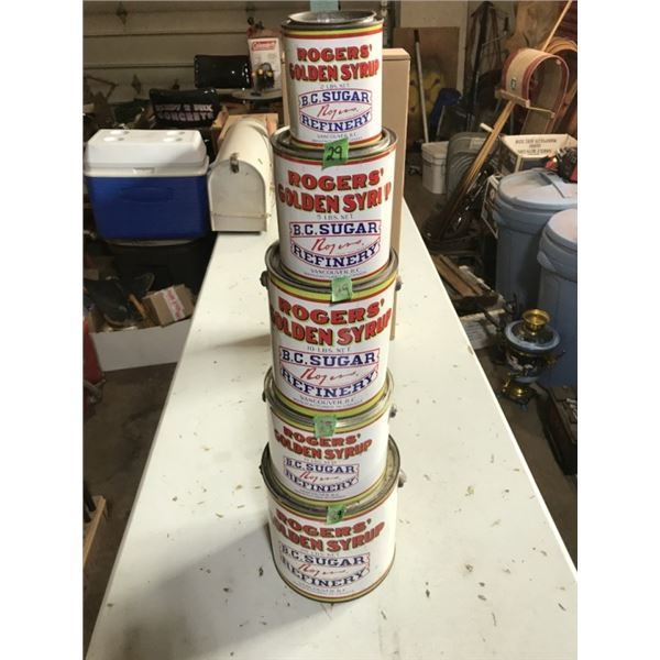 Set of 5 Metal Rogers Syrup Pails 20lb/ 2-10lb /5l