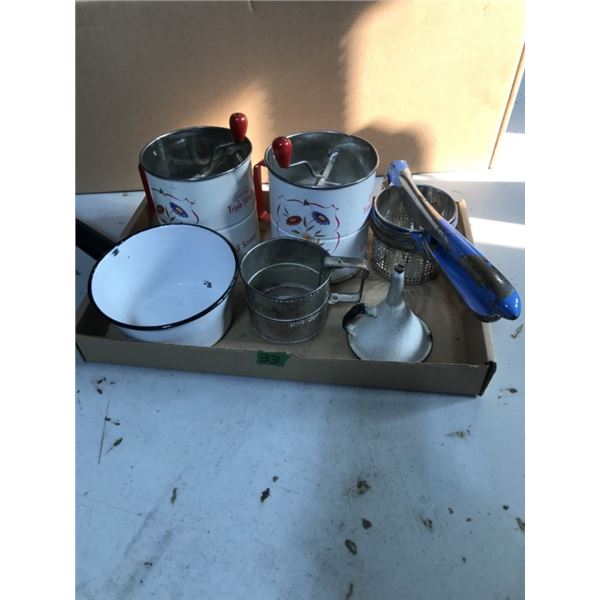 3 sifters, Enamel pot + funnel and ricer