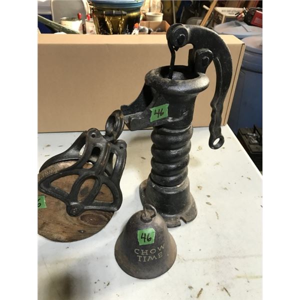 Antique Cast + Wood Pulley, Cast Iron dinner bell