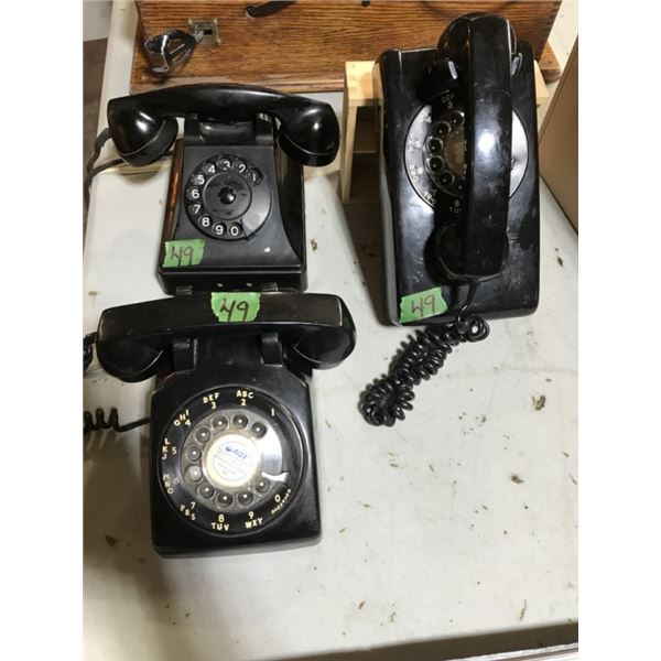 3 Vintage Black Phones 2-Desk 1-Wall & Dial