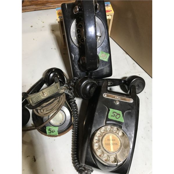 3 Vintage Black Phones 2-Desk 1-Wall