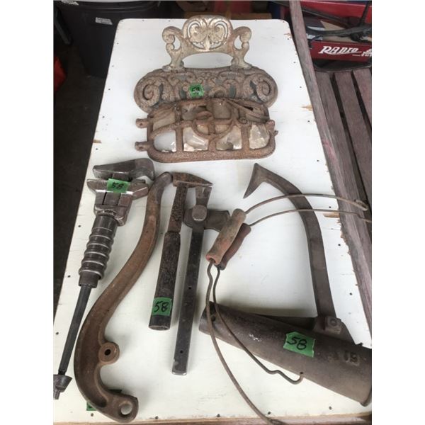 Stove parts, crate tool, can't hook, pipe wrench,