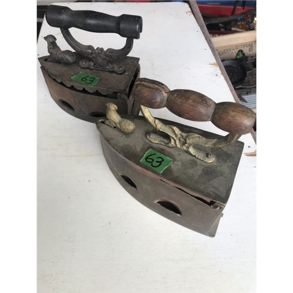 2 antique coal irons with roosters