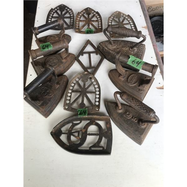 6 antique irons & 6 trivets