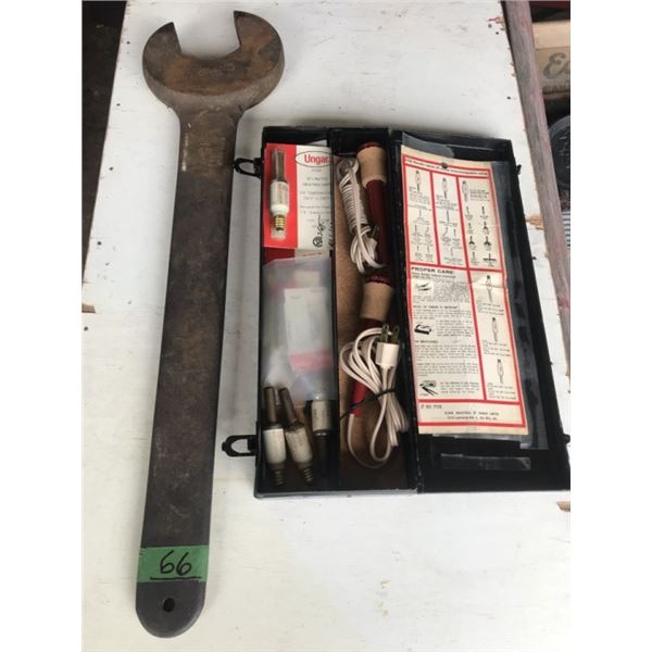 Antique soldering iron & 2 9/16" wrench by
