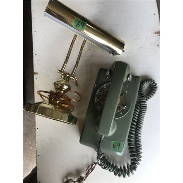 Vintage green wall phone & brass bankers lamp