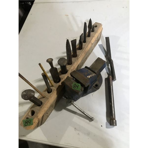 Block with various Chisels + Punches & 3" Eron