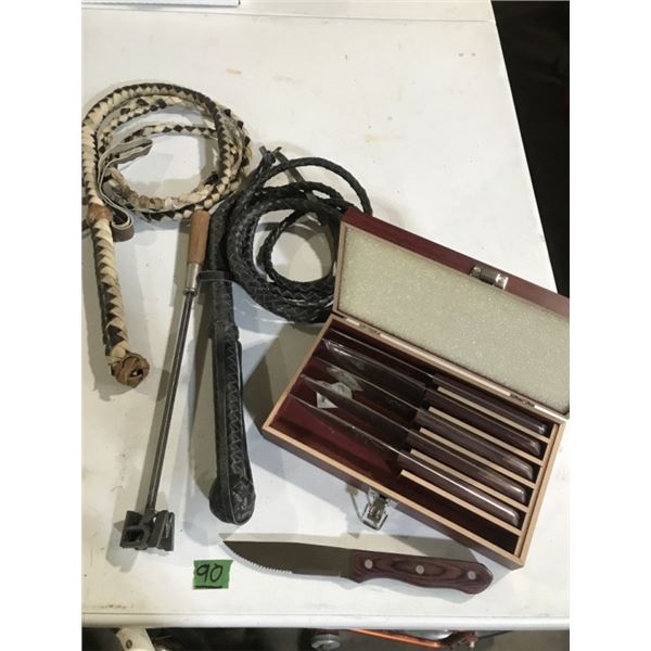 2 Bull whips, 6 Steak Knives + a steak brander