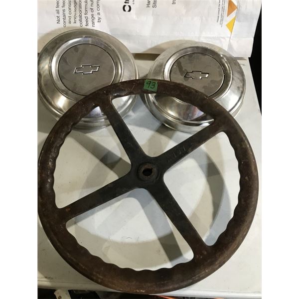 Antique Cast Iron Steering Wheel + 5 chev hubcaps