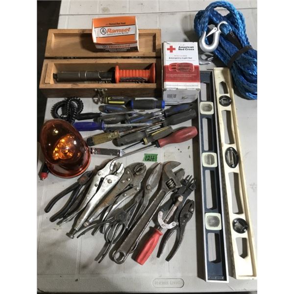 Screwdrivers, wrenchs, levels, Amber light,