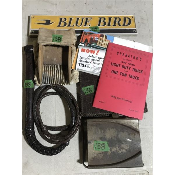 Box with Vintage Bull whip, 8 Blue bird Bus