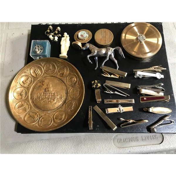 Vintage Items 17 tie clips, metal horse, powder +
