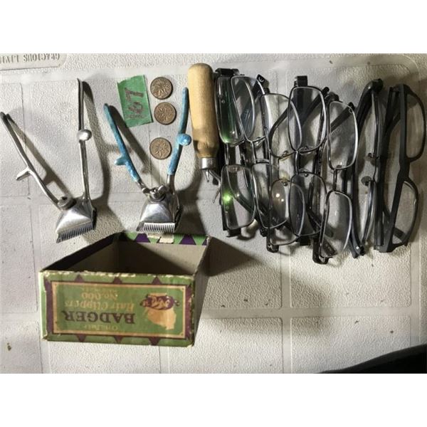 7 pair reading glasses, 2 hair clippers, bottle