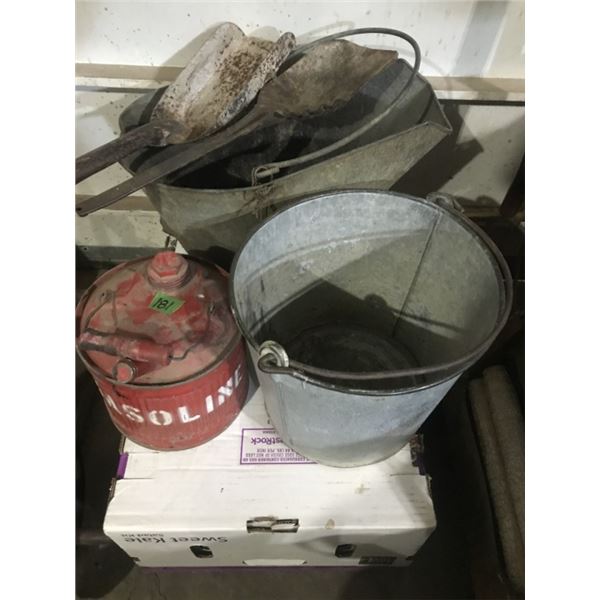 Antique Coal bucket, 2 shovels, Pail Gas Can