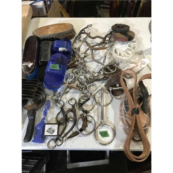 Crate with horse items 10 bits, leather, brushes