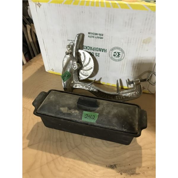 Antique Cherry stoner + Cast iron pan with lid