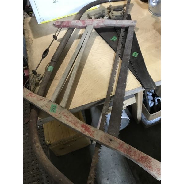 Antique Saws, Bucksaw, bow saw & 2 hand saws