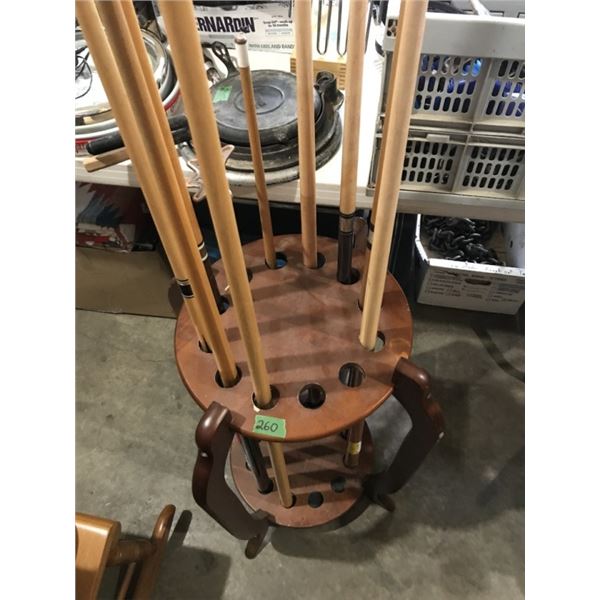 Pool stand with 10 various cues