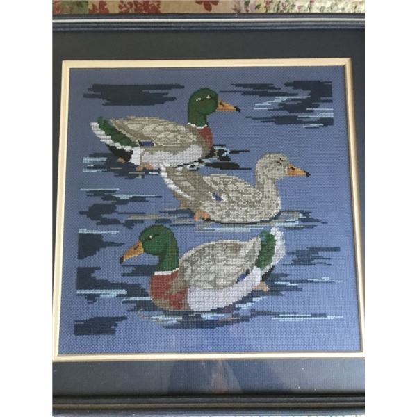 1 Framed, Ducks Needlepoint and 2 Framed Prints