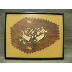 Extremely rare seal skin applique art work with men flying through air after being attacked by whale