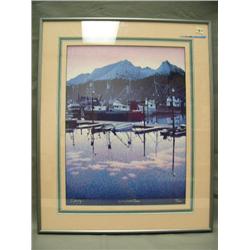 Signed and numbered, double matted and framed, Waterfront Dawn 20/600, Neder frame is 21.5 x 17.5 (2