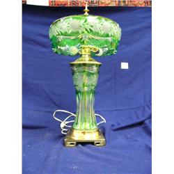 23" brass based cut to clear green hand cut crystal lamp, signed Dhesoleu Bry Pec, green (3)