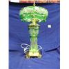 Image 1 : 23" brass based cut to clear green hand cut crystal lamp, signed Dhesoleu Bry Pec, green (3)