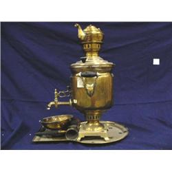 Samovar with tray, tea pot, chimney and dip pan 20" tall, (3)