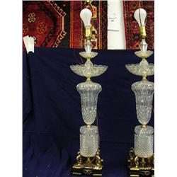 Pair of brass based glass lamps, one has damage to crystal bowl (241)