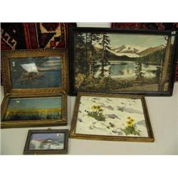 Lot of 5 Antique pictures in antique frames, one original "Winter in Mt. McKinley," L. Anderson 1943