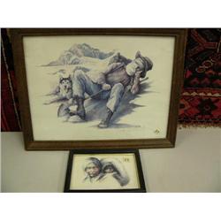 Lot of 2 Doug Lindstrom prints 13.5 x 7.5 framed gold miner and dog, signed and the other is Eskimo 