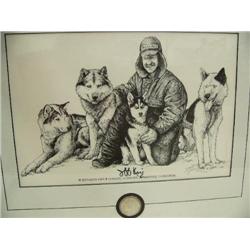 Iditarod print 538/950 matted and framed, signed by Jeff King, 1 oz silver medallion Artist: D. Jane