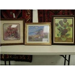 Lot of 3 pictures: Roses in vase framed: 27 x 27; children at beach 22 x 27; Van Gough "Sunflowers" 