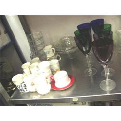 Lot of fine English bone china cups and asst glassware, lot of seven beautiful colored goblets,