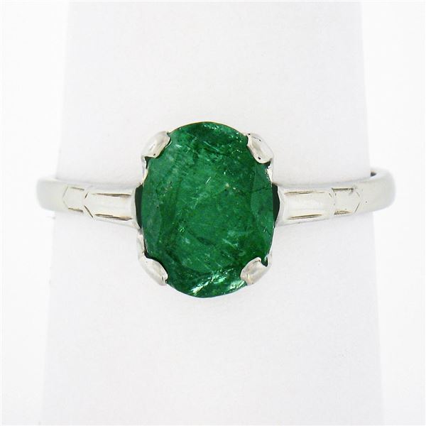 Antique 14k White Gold 1.64 ctw Oval Prong Set Emerald Step Sides Solitaire Ring