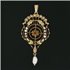 Image 2 : Antique Victorian 10K TT Gold Red Stone Pearl Dangle Open Work Lavalier Pendant