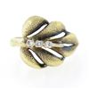 Image 4 : Vintage 14K Yellow Gold Puffed 3D Textured Multi Leaf Ring w/ Single Cut Diamond