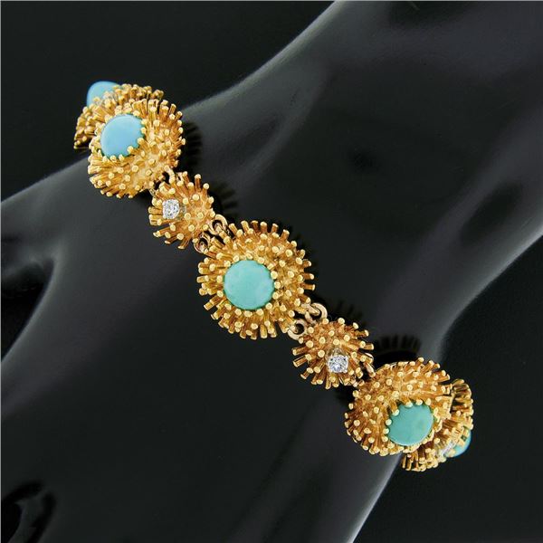 Vintage Handmade 18k Gold.45 ctw Diamond & Turquoise Textured Domed Link Bracele