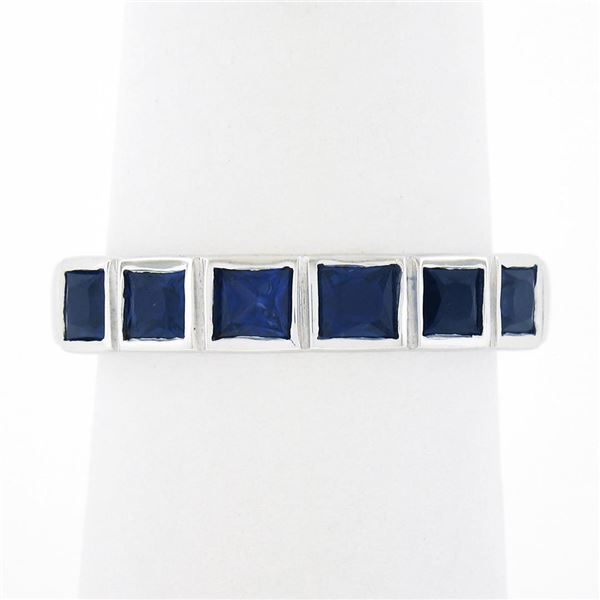 NEW Platinum 1.18 ctw Square Step Cut Sapphire Bezel Set Stack Wedding Band Ring
