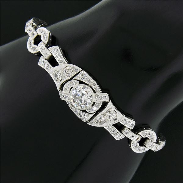 Antique Art Deco Platinum 5.54 ctw GIA European Diamond Fancy Link Belly Bracele